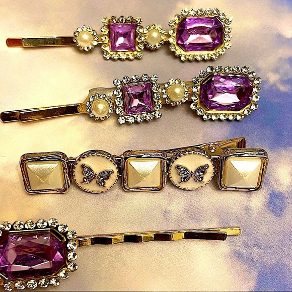 Ladies Six Piece Hair Accessories Clips in Retro Antique Style Purple & Gold. - Picture 2 of 3